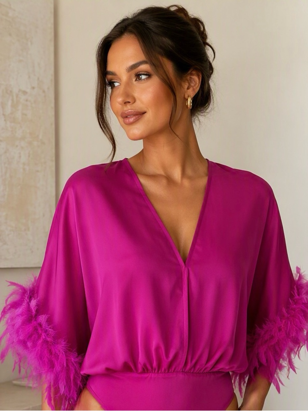 entro Hot Pink Feather Sleeve V-Neck Bodysuit